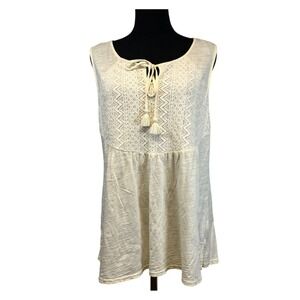 Garnet Hill Sleeveless Ivory Tunic Top Size M Cotton Lace Detail, Cottage Boho